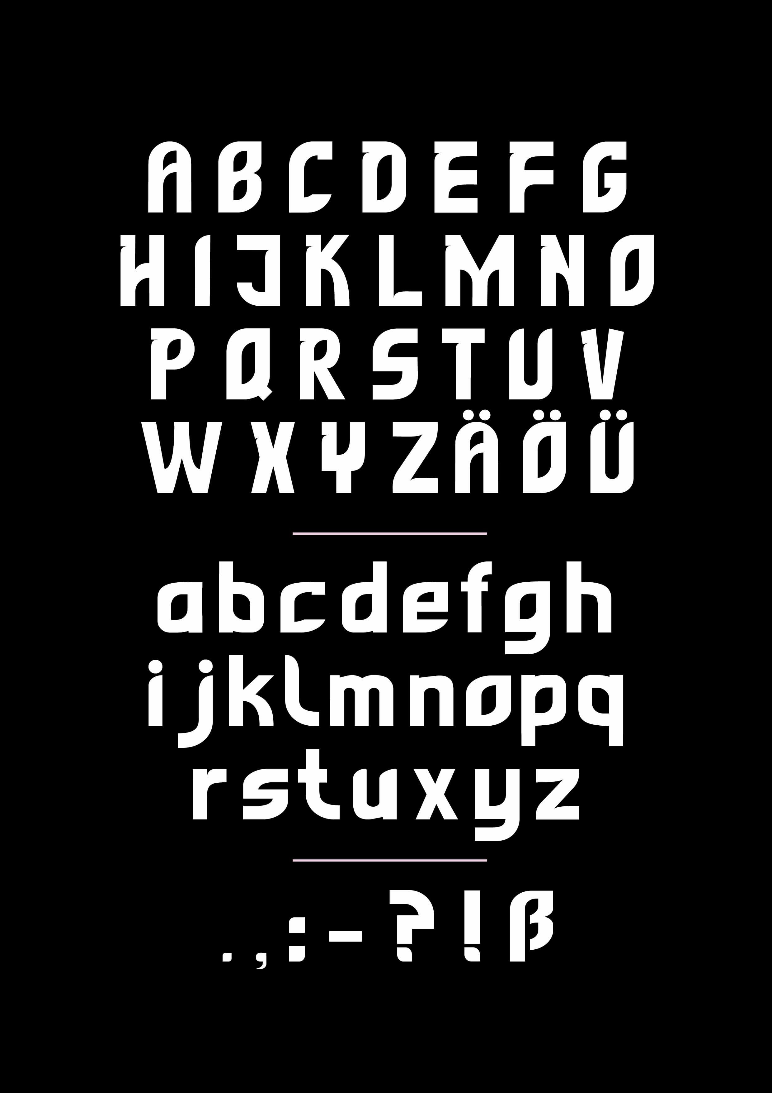 Eine Glyphenübersicht meiner eigenen entwickelten Schrift. Man sieht nur Großbuchstaben und ein paar Sonderzeichen